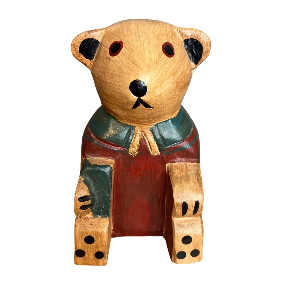 Vintage Hand Carved Wooden Teddy Bear Folk Art 7" Decor Shelf‎ Sitter